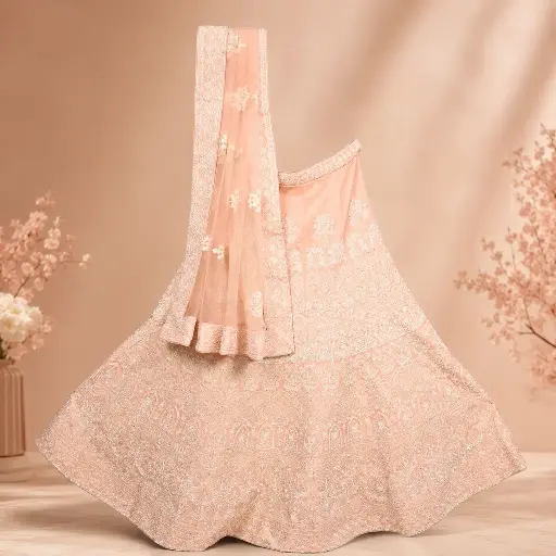 [67818086HG96B7] Peach Embroidered Bridal Lehenga Choli Set with Matching Net Dupatta