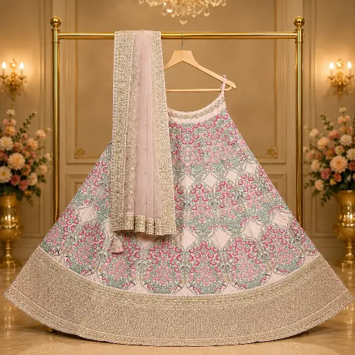 [67818086HG99B7] Blush Pink Embroidered Lehenga Choli with Net Dupatta