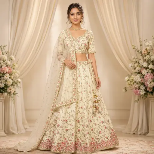 [67818086HH00B7] Women's Ivory Floral Lehenga Choli with Net Dupatta for Wedding Reception and Festive Party Wear Set