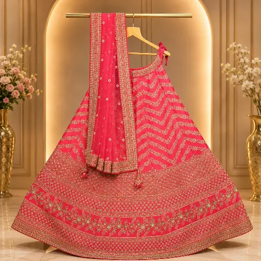 [67818086HJ70B7] Women's Hot Pink Gold Embroidered Lehenga Choli with Dupatta
