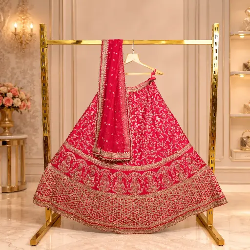 [67818086HJ71B7] Women's Coral Pink Bridal Lehenga Choli with Gold Floral Embroidery and Matching Dupatta