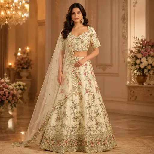 [67818086HJ72B7] Women's Ivory Floral Embroidered Lehenga Choli with Net Dupatta for Wedding & Festive Party Wear Set
