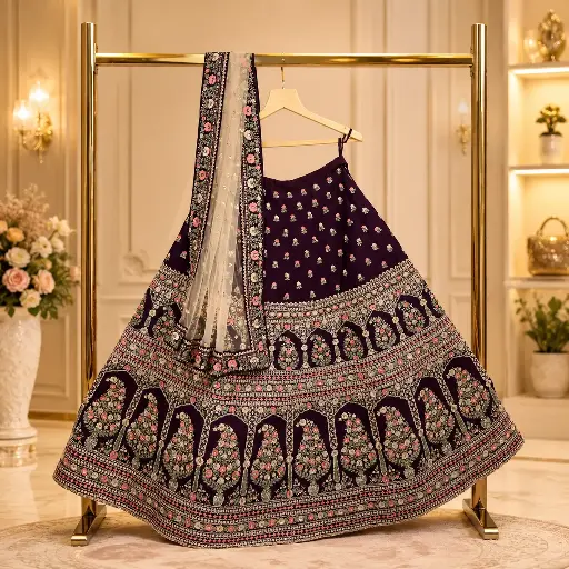 [67818086HJ73B7] Women's Plum Floral Embroidered Lehenga Choli with Ivory Dupatta