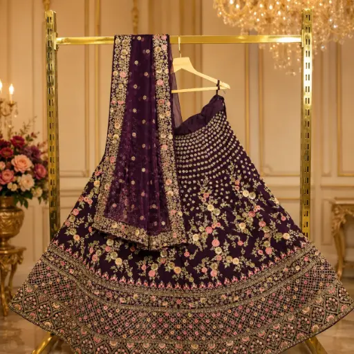 [67818086HJ75B7] Women's Plum Purple Bridal Lehenga Choli Set with Floral Embroidery, Sequins and Net Dupatta Wedding