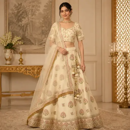 [67818086RH32B7] Women's Ivory Floral Lehenga Choli with Net Dupatta for Wedding Reception and Festive Party Wear Set