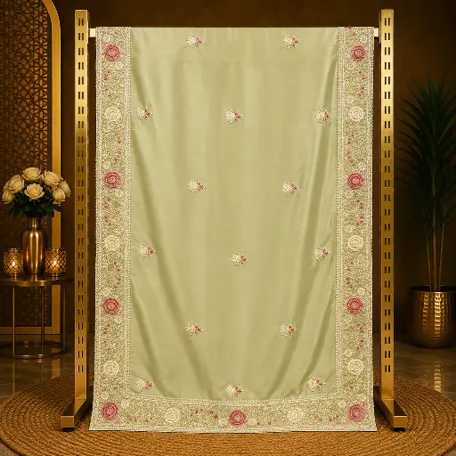 [67817025II03A8] Women's Light Pista Green Saree with Floral Embroidery and Beaded Designer Border
