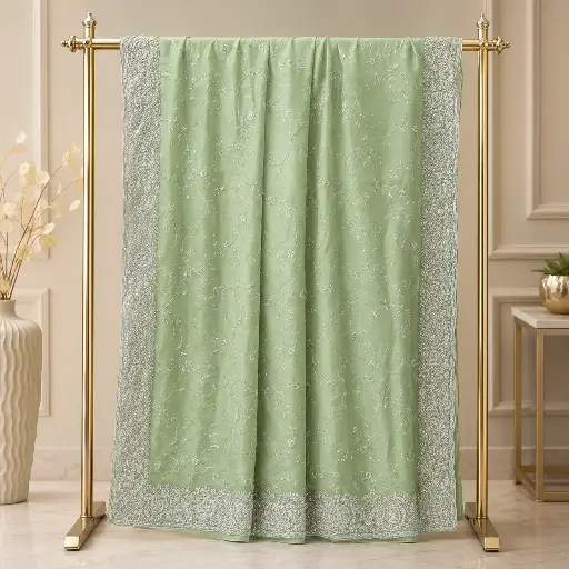 [67817025II05A8] Elegant Sage Green Saree with Silver Embroidery and Paisley Border
