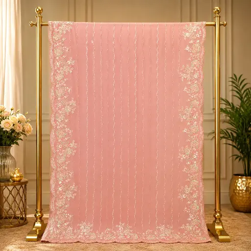 [67817031ZL75B0] Women's Peach Embroidered Designer Saree with Floral Border