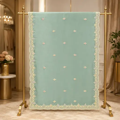 [67817036IH83A8] Sage Green Floral Embroidered Saree with Scalloped Border