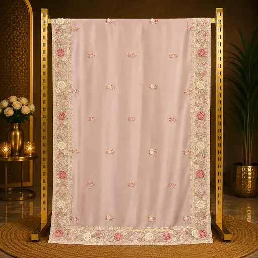 [67817068II02A8] Blush Pink Saree with Floral Embroidered Border and Buti Work