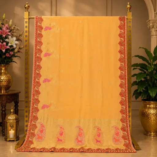 [44717001NF0661] Women's Peach Saree with Red Embroidered Border and Pink Paisley Pallu
