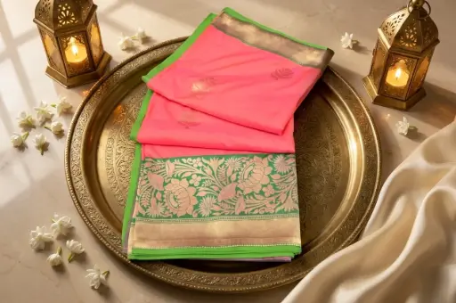[44717001PA5550] Coral Pink and Green Banarasi Silk Zari Woven Saree