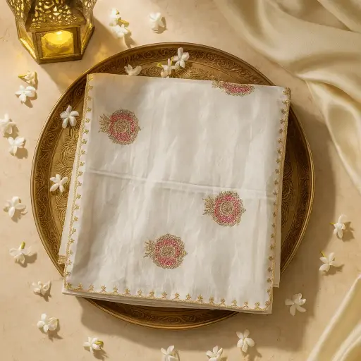 [72317001EE53E3] Elegant Off-White Hand-Embroidered Designer Saree with Gold Zari Border 