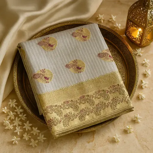 [72317001EE58E3] Ivory Textured Silk Saree with Peacock Butis and Zari Border