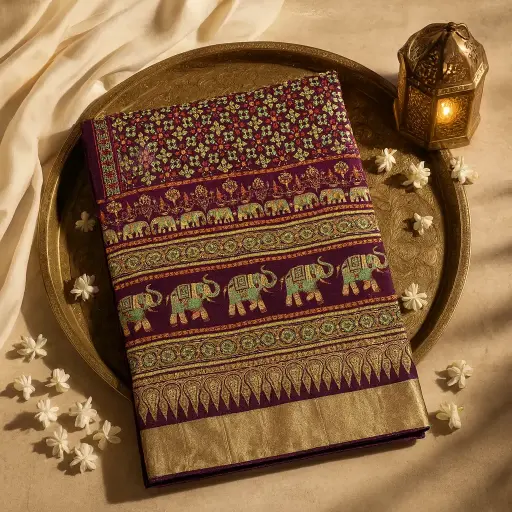 [72317001JD4799] Elegant Maroon Ethnic Saree with Traditional Elephant Motif Design