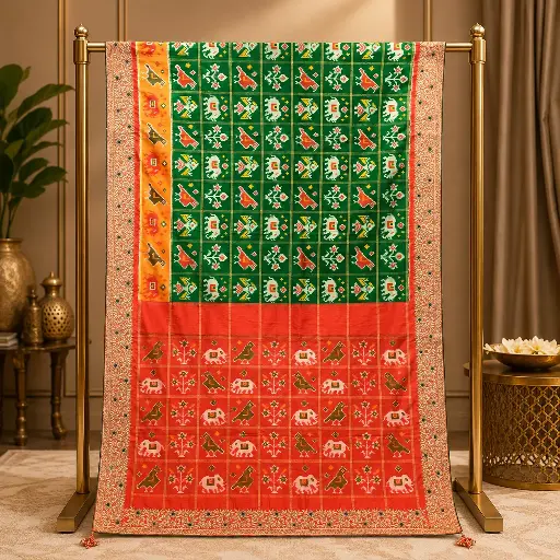 [72317001JD6799] Green and Red Traditional Printed Saree with Orange Border