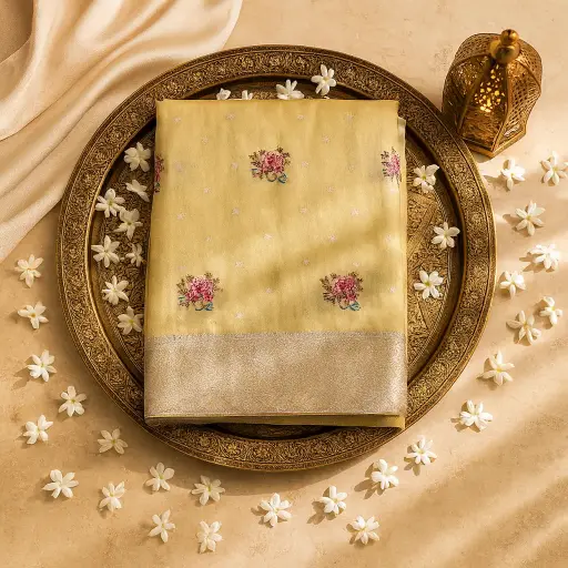[72313001EE55E4] Elegant Gold Floral Embroidered Silk Saree with Zari Border 