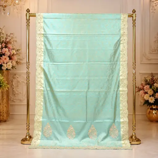 [72313001EE72E4] Women's Aqua Blue Saree with Floral Jacquard Weave and Scalloped Embroidered Border