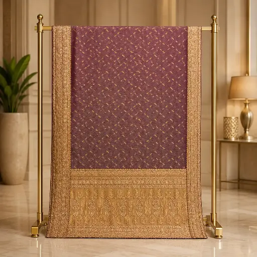 [72313001EE73E3] Women's Wine Purple Designer Saree with Gold Zari Border