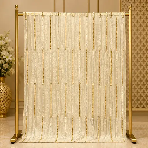 [72313001HV07E3] Ivory Striped Saree with Gold and Pearl Chain Embellishments