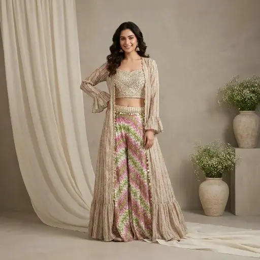 [68425003YM7896] Ivory Printed Crop Top Sharara Set with Long Shrug