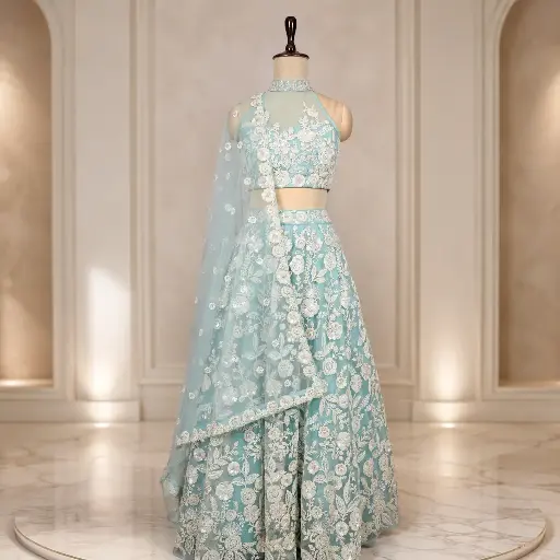 [89518001TY11E3] Women's Ice Blue Lehenga Choli with Floral Embroidery and Net Dupatta