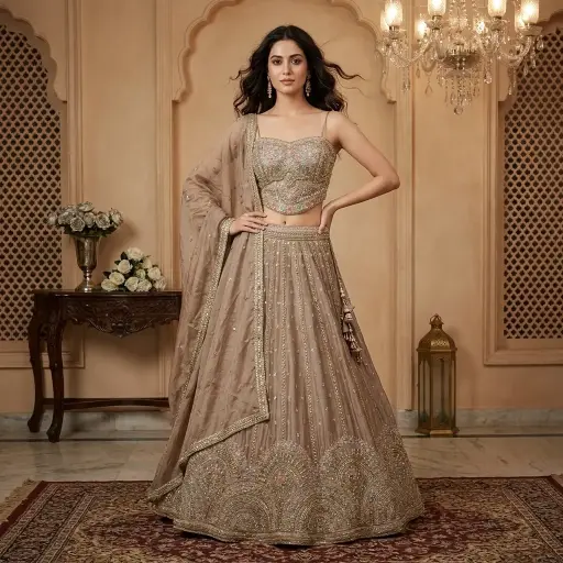 [89542001EK50E5] Taupe Silk Embroidered Lehenga Choli with Pastel Threadwork