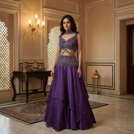[89542001FA05D4] Regal Purple Hand-Embroidered Crop Top Lehenga Set with Cape