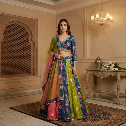 [89542001JY96D4] Peacock Blue and Olive Green Jacquard Silk Lehenga Choli Set