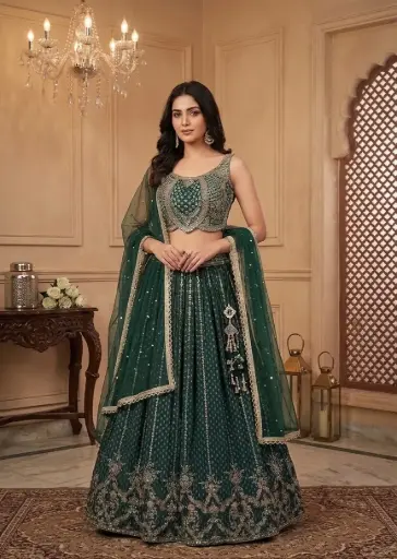 [89542001MD19E5] Bottle Green Embroidered Lehenga Choli Set with Dupatta 