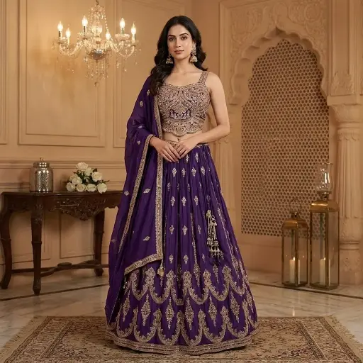 [89542001XO80E3] Royal Purple Embroidered Crop Top and Lehenga Set