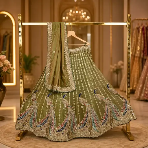 [57118001GR14D1] Women's Olive Green Lehenga Choli with Peacock Embroidery and Matching Dupatta