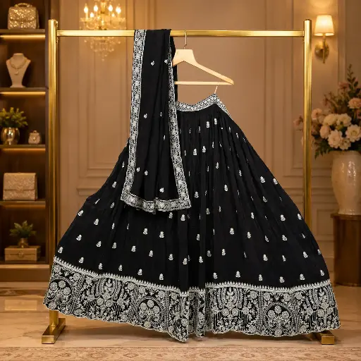 [57118001GX71D3] Women's Black Lehenga Choli with Silver Embroidery and Matching Dupatta