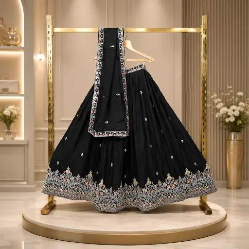 [57118001GX72D3] Women's Black Lehenga Choli with Floral Embroidery and Matching Dupatta