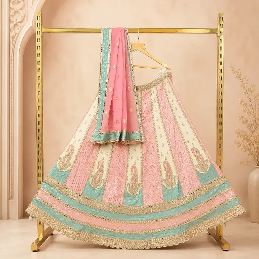 [57118001GX82D3] Women's Pink Ivory Lehenga Choli with Aqua Border, Sequin Embroidery & Matching Dupatta