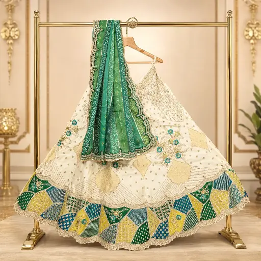 [57118001GX85D3] Women's Ivory Lehenga Choli with Green Bandhani Dupatta & Patchwork Border