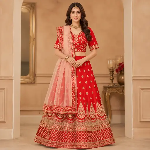 [57118005KP5496] Women's Red Gold Embroidered Lehenga Choli with Blush Net Dupatta