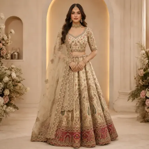 [57118017TN32D1] Women's Beige Multicolor Embroidered Lehenga Choli with Net Dupatta for Wedding and Festive Wear Set