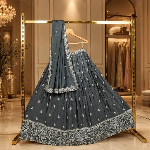 [57118041HR82D0] Women's Grey Lehenga Choli with Silver Embroidery and Matching Dupatta