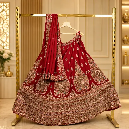 [65218028GL66C9] Women's Maroon Bridal Lehenga Choli with Heavy Gold Embroidery and Matching Dupatta