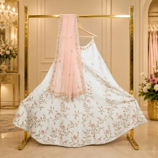[65218044GG17C9] Women's Ivory Lehenga Choli with Floral Embroidery and Blush Pink Dupatta