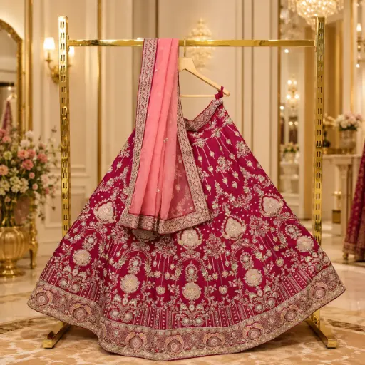 [65218066GM37C9] Women's Rani Pink Bridal Lehenga Choli with Gold Embroidery and Peach Dupatta for Wedding Wear Party