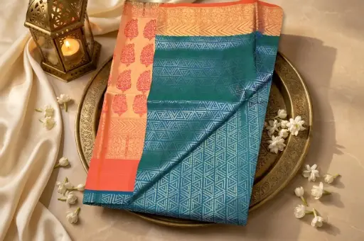 [87009001GO68D0] Teal Green and Coral Kanchipuram Silk Zari Saree