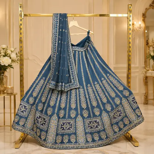 [74018021IM73A9] Women's Steel Blue Bridal Lehenga Choli with Gold Embroidery and Matching Dupatta