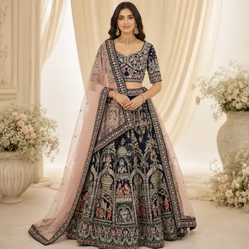 [74018021JR59A4] Women's Navy Blue Embroidered Lehenga Choli with Pink Net Dupatta for Wedding and Festive Party Wear