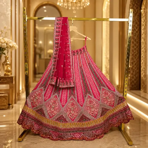[74018031IL33A8] Women's Rani Pink Bridal Lehenga Choli with Heavy Embroidery & Matching Dupatta