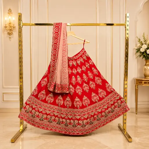 [74018046IL31A8] Women's Coral Red Lehenga Choli with Floral Embroidery and Blush Net Dupatta