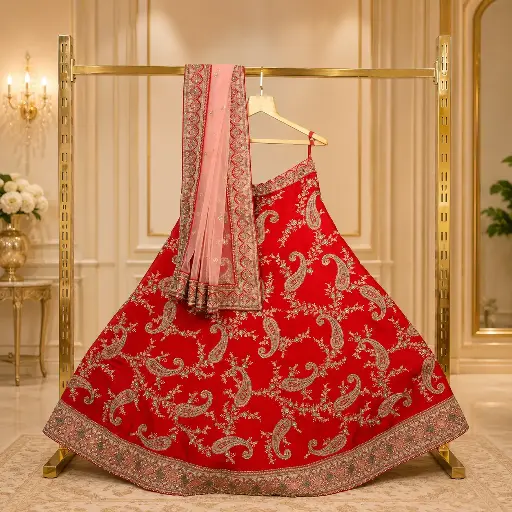 [74018046IM72A9] Women's Red Bridal Lehenga Choli with Paisley Embroidery and Blush Pink Dupatta
