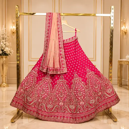 [74018050IL30A8] Women's Rani Pink Bridal Lehenga Choli with Paisley Embroidery & Blush Net Dupatta