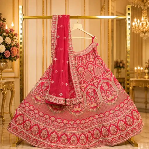 [74018050IL99A9] Women's Rani Pink Bridal Lehenga Choli with Heavy Floral Embroidery, Sequins and Embroidered Dupatta